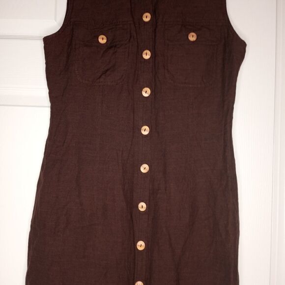 Evan Picone Women's Dress sz 6 Linen Blend Brown Sleeveless Pockets Button Down. - Picture 2 of 10